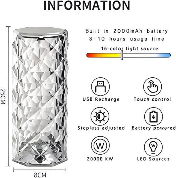 Luxury 16-Color Sparkling Diamond Crystal Lamp | Ambient Multi Color LED Touch Lamp With Remote