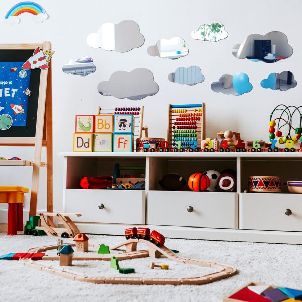 8 Pcs Sparkling Silver Acrylic Cloud Mirror - Adornments for Kid's Room, Bedrooms & Playroom Decor