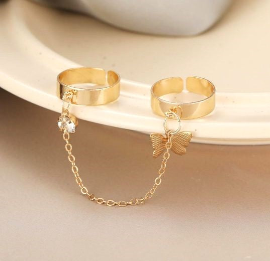 2 Fingers Korean Style Butterfly Rings | Unique Trendy Pair Rings Set | Gold Plated Stainless Steel | Adjustable Size