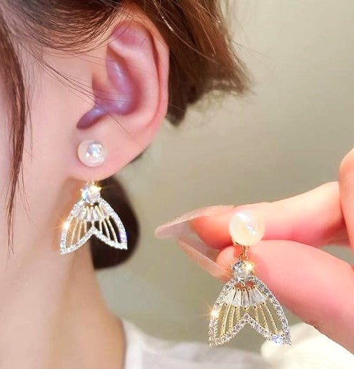 Luxury Golden Fishtail Sparkling Crystal Rhinestones Pearl Earrings | Top Trending Design Earrings