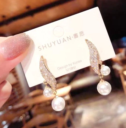 Korean Zircon S Shape Crystal Leaf Drop Elegant Pearl Earing