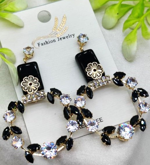 Premium Elegant Floral Hoop Earrings With Black And Crystal Accents| Unique Design For Girls & Women-Limited stock!