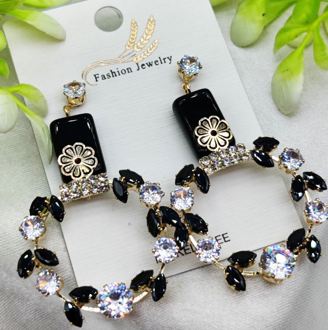 Premium Elegant Floral Hoop Earrings With Black And Crystal Accents| Unique Design For Girls & Women-Limited stock!