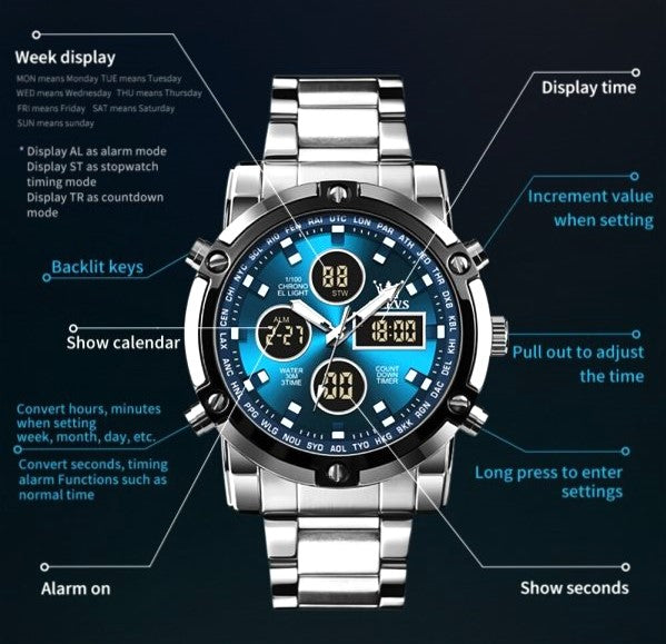 Skemie 1389 Elite Dual Display Men's Luxury Watch | Waterproof & LED Chronograph Design | Stainless Steel Strap
