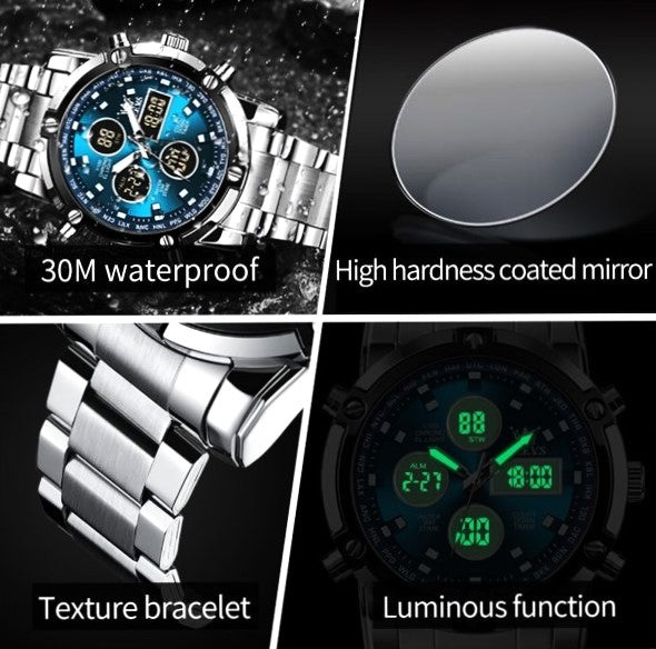 Skemie 1389 Elite Dual Display Men's Luxury Watch | Waterproof & LED Chronograph Design | Stainless Steel Strap