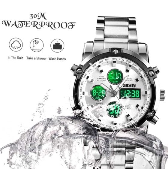 Skemie 1389 Elite Dual Display Men's Luxury Watch | Waterproof & LED Chronograph Design | Stainless Steel Strap