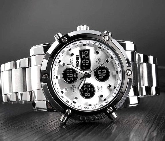 Skemie 1389 Elite Dual Display Men's Luxury Watch | Waterproof & LED Chronograph Design | Stainless Steel Strap