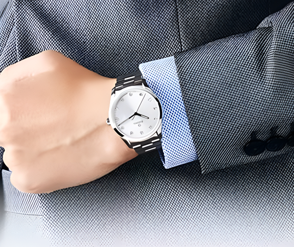 RAADO Men's Elegant Silver Watch | Round Dial with Stylish Square Index & Steel Chain Strap | Formal Watch for Men