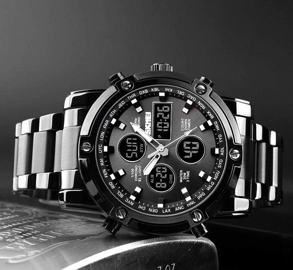 Skemie 1389 Elite Dual Display Men's Luxury Watch | Waterproof & LED Chronograph Design | Stainless Steel Strap