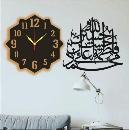 Elegant 3D Islamic Calligraphy Wall Clock | Luminous Islamic Panjtan Paak 3D Wall Art Clock | Timeless Piece