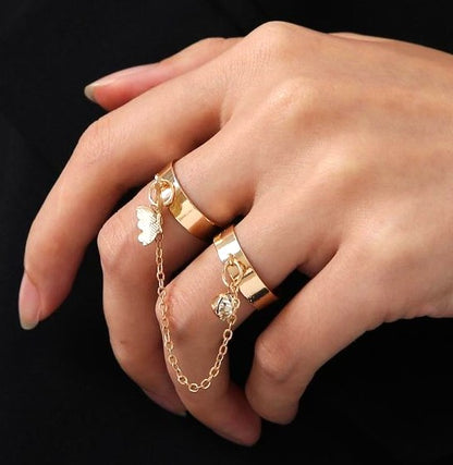 2 Fingers Korean Style Butterfly Rings | Unique Trendy Pair Rings Set | Gold Plated Stainless Steel | Adjustable Size