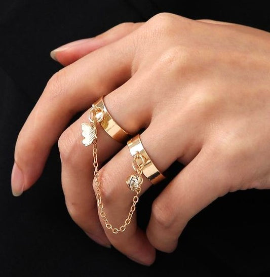 2 Fingers Korean Style Butterfly Rings | Unique Trendy Pair Rings Set | Gold Plated Stainless Steel | Adjustable Size