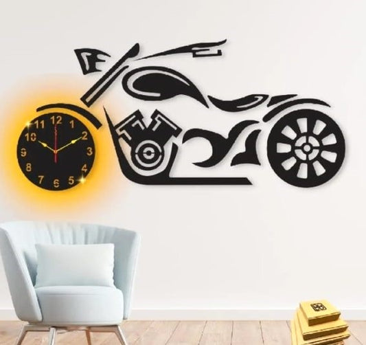 Dynamic 3D Motor Cycle Design Wooden Wall Clock | Artistic Bike Enthusiast's Wall Decor With Light