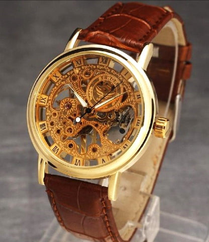 Men's Trendy Automatic Mechanical Skeleton Watch with Leather Strap | Classic Transparent Dial Self-Winding Luxury Watch for Men