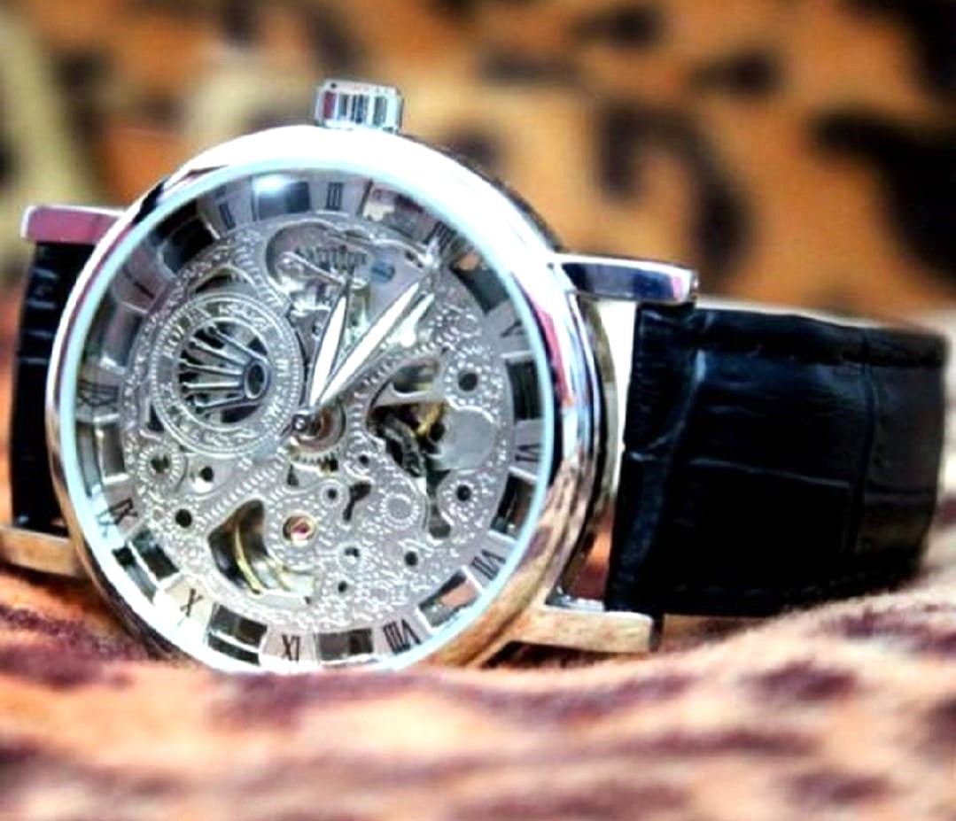 Men's Trendy Automatic Mechanical Skeleton Watch with Leather Strap | Classic Transparent Dial Self-Winding Luxury Watch for Men