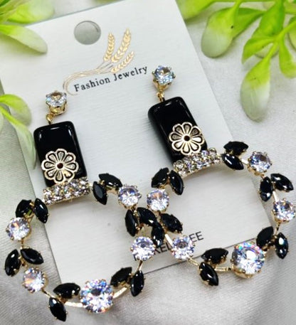Premium Elegant Floral Hoop Earrings With Black And Crystal Accents| Unique Design For Girls & Women-Limited stock!