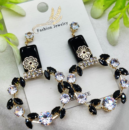 Premium Elegant Floral Hoop Earrings With Black And Crystal Accents| Unique Design For Girls & Women-Limited stock!