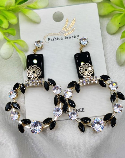 Premium Elegant Floral Hoop Earrings With Black And Crystal Accents| Unique Design For Girls & Women-Limited stock!