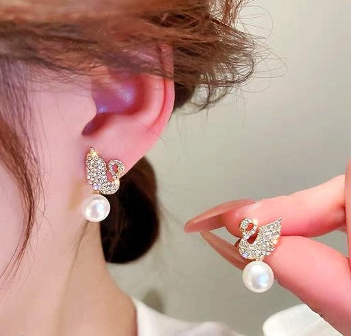 Korean Imported Diamond Swan Pearl Earrings |Trendy Fashion Versatile Earrings For Girls