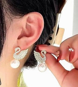 Korean Imported Diamond Swan Pearl Earrings |Trendy Fashion Versatile Earrings For Girls