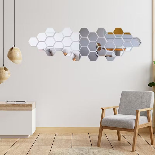 Elegant Acrylic Hexagon Mirror Wall Decor | Geometrical Adhesive Mirror Wall Panels | Trendy Choice