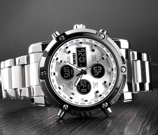 Skemie 1389 Elite Dual Display Men's Luxury Watch | Waterproof & LED Chronograph Design | Stainless Steel Strap