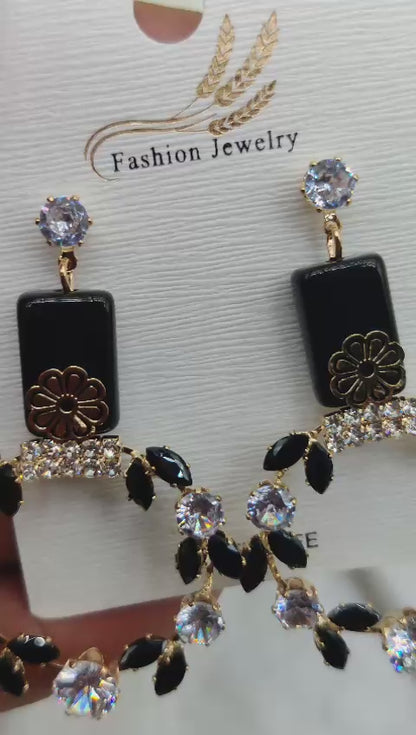 Premium Elegant Floral Hoop Earrings With Black And Crystal Accents| Unique Design For Girls & Women-Limited stock!