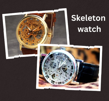 Men's Trendy Automatic Mechanical Skeleton Watch with Leather Strap | Classic Transparent Dial Self-Winding Luxury Watch for Men