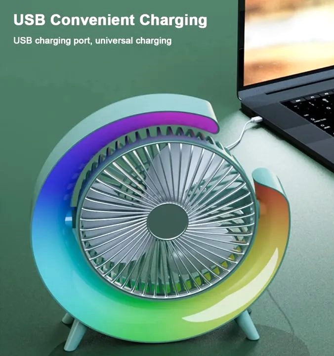 Vibrant RGB USB Desk Fan with Silent Operation & Mood Lighting | Portable Rainbow LED Fan & Ambiance Lamp with Quite Cooling